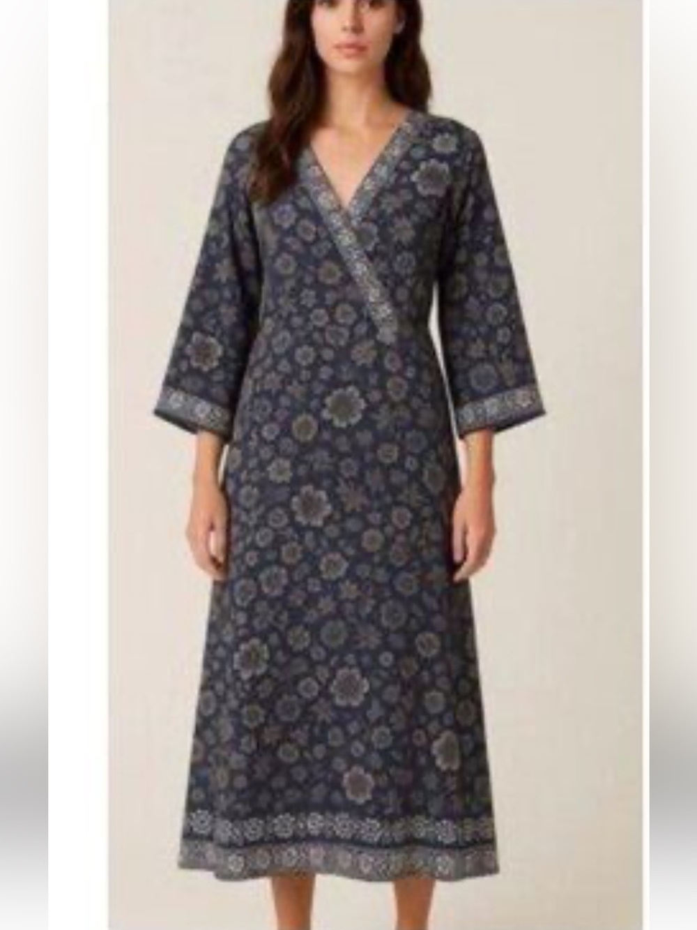 Isabella Bird Slate Blue, Gray and Yellow Silk Print Kimono Sleeve Midi Dress